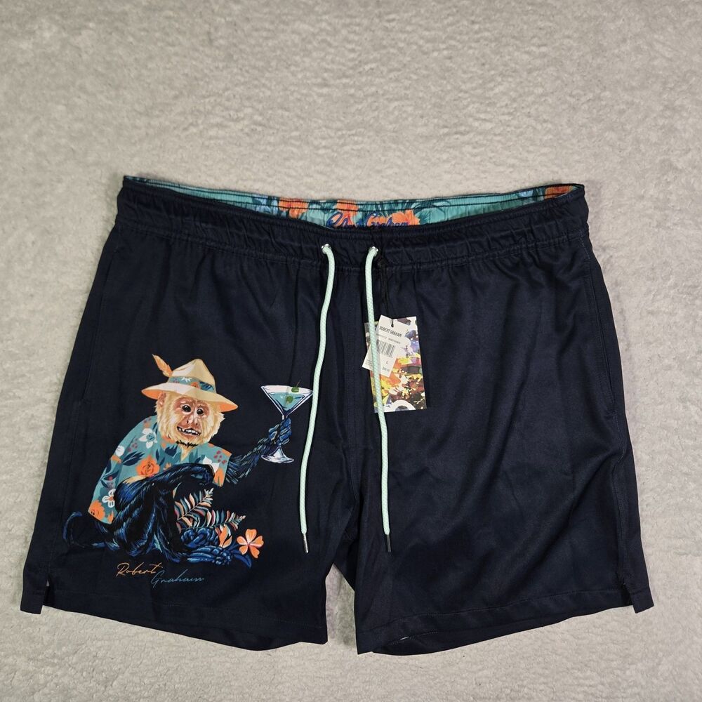 Robert Graham Swim Trunks Mens Large Monkey Martini Blue Lined Shorts 5" Inseam